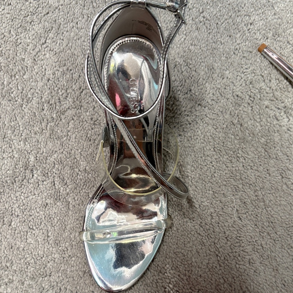 GUESS Metallic Silver Strappy Ankle-Heel Sandals